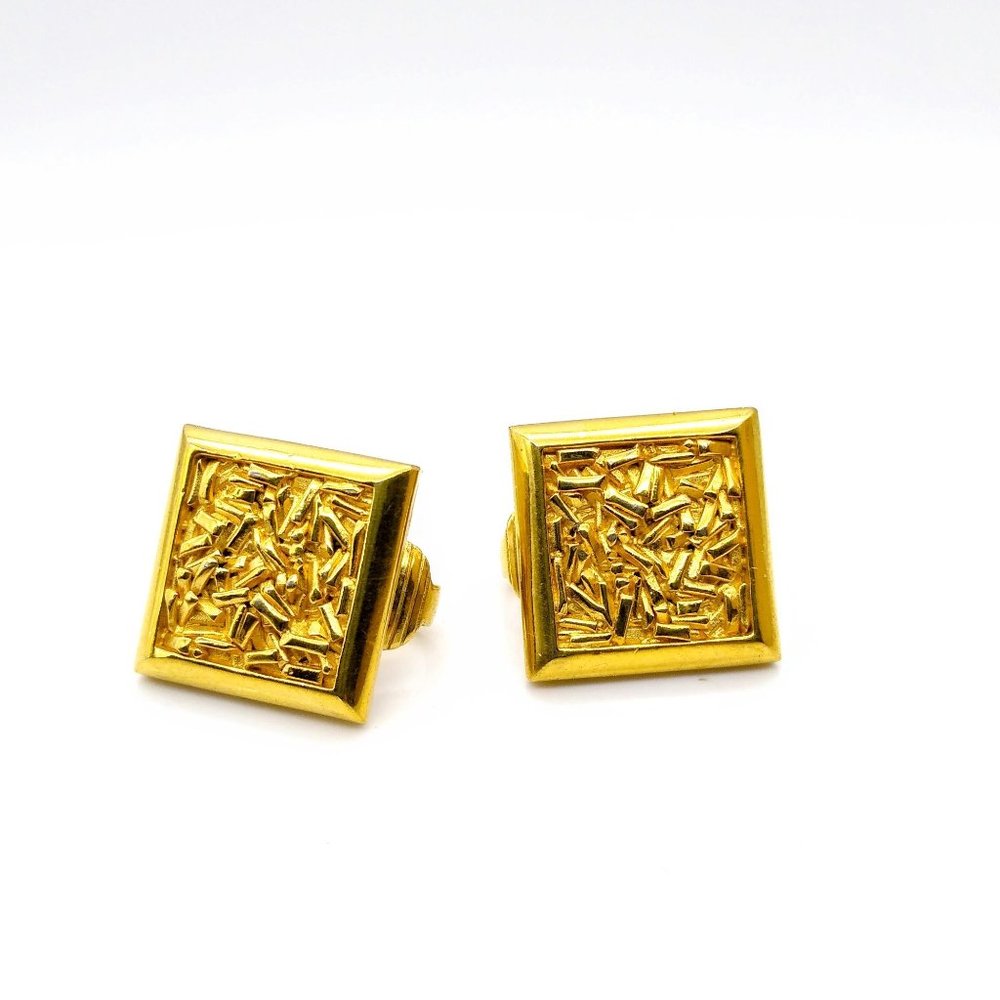 Crown Trifari Modernist Chic Earrings, Unique Gold Tone Textured Squares Clip On